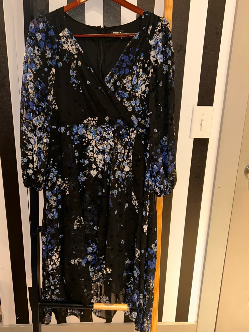 DKNY Black Floral Wrap Midi Dress with Blue & White Blossoms